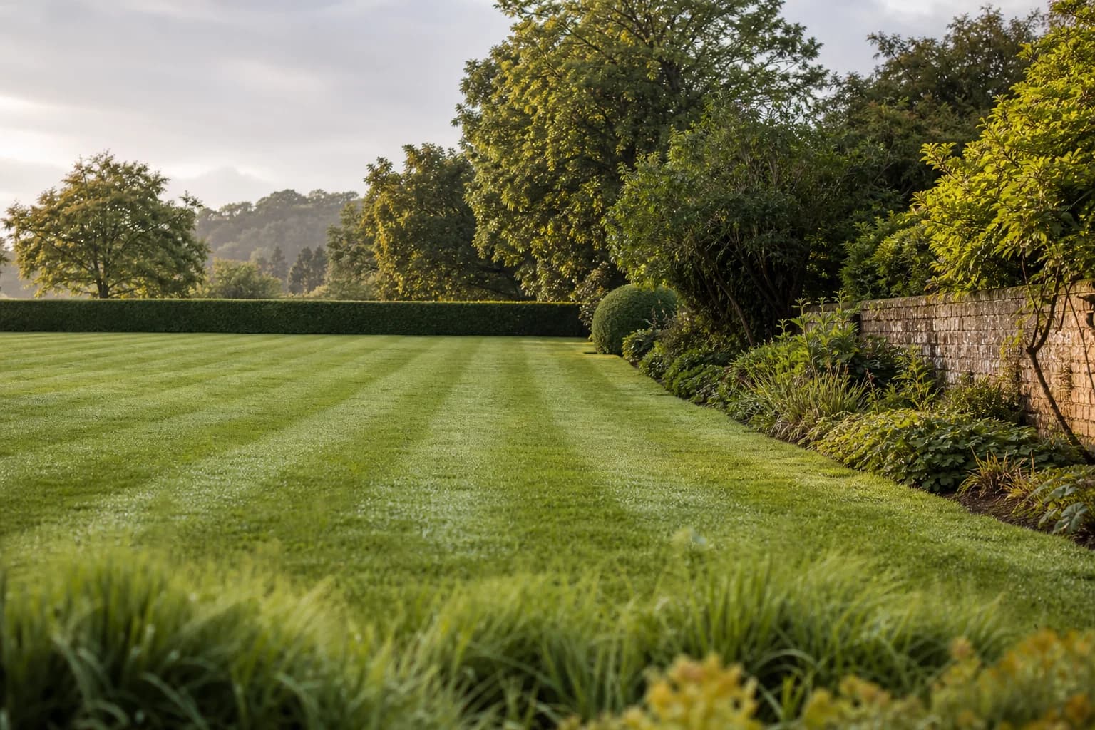 A freshly mown, striped English lawn in morning light